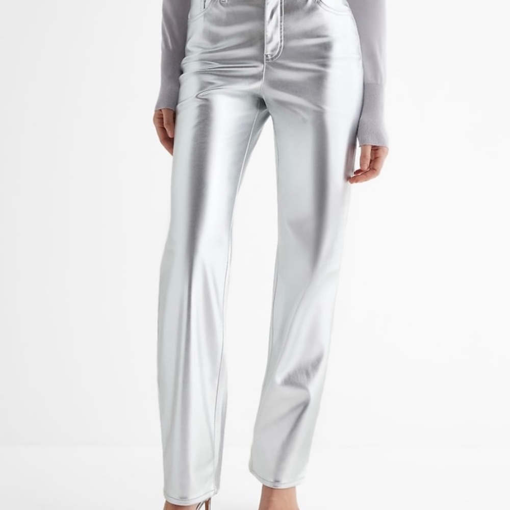 Express High Waisted Metallic Faux Leather Modern Straight Pant